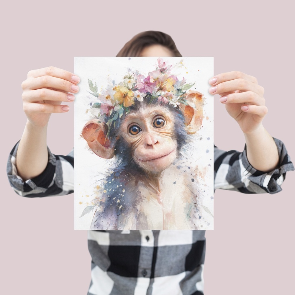 Watercolor Floral Monkey Portrait Wall Art Print Unframed - Playful Jungle Charm - Picture 4 of 6